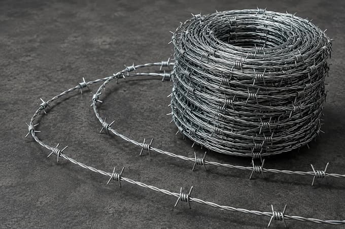 A roll of galvanized barbed wire on a concrete floor